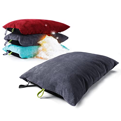 Gray Charcoal Down Filled Camping Pillow for Travel & Support, Washable Cover, Small Lightweight Cushion