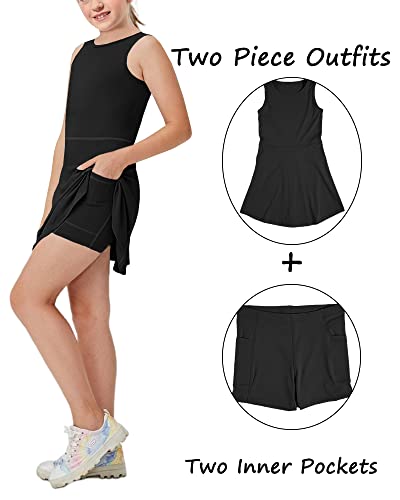 Kids Tennis Dress with Shorts & Pocket - Girls Sleeveless Crewneck Outfit 7-8 Years Black