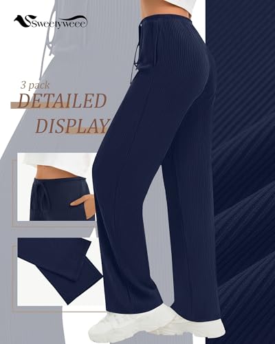 Women's Ribbed Knit Wide Leg Pants - Black, Gray, Navy (3 Pack, Large)