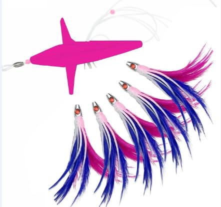 Ocean Cat 5 Inch Daisy Chain Teaser Lures with Brid Feather Teaser Trolling Lure Saltwater Offshore Big Game Trolling Lure Bag for Marlin Tuna Mahi Dolphin Durado Wahoo Mesh (Pink&Blue)