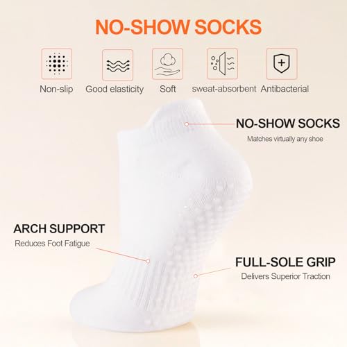 6 Pairs Pilates Socks for Women, White Grip Crew Socks - Non Slip Yoga & Barre Footwear