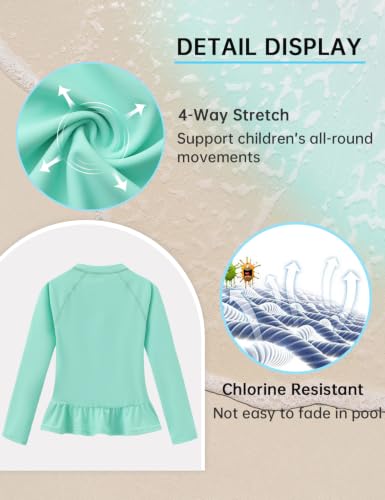 Girls Ruffle Rash Guard Swim Top Long Sleeve Green 14 - Water Sport Shirt