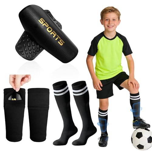 Large Soccer Shin Guards for Kids and Adults with Sleeves & Socks - Youth & Teen Protection