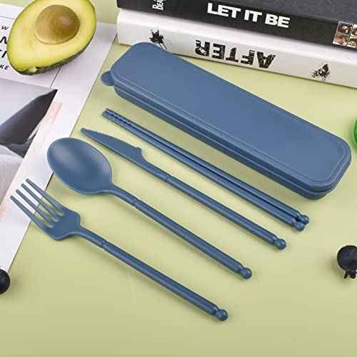 Reusable Utensils Set with Case, Eco-Friendly Bpa Free Plastic Travel Utensils, 1 Sets Plastic Spoons and Forks Set for Lunch Box, Picnic, Travel, Camping (Blue)