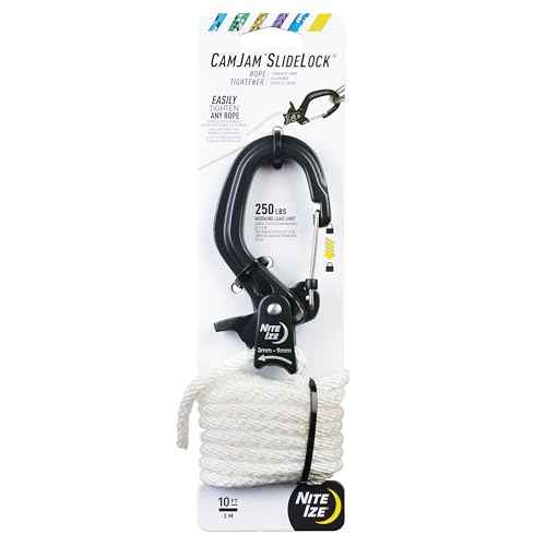 Nite Ize CamJam SlideLock Rope Tightener & 10 ft Nylon Rope - Features Pull-to-Tighten Lock & Quick-Release Lever - 250 lb Working Load Limit - Fits Rope Sizes 3?6mm - Large