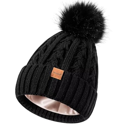 Winuesa Satin Lined Beanie for Women with Pom Pom, Fashionable Womens Winter Hats Silk Beanies, Cute Warm Knit Hat Skull Cap