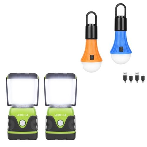 LE Bundle - 2 Items: 1000LM Battery Powered LED Camping Lantern, 2 Packs & LED Rechargeable Camping Lantern, 7 White & RGB Light Modes, 2 Packs