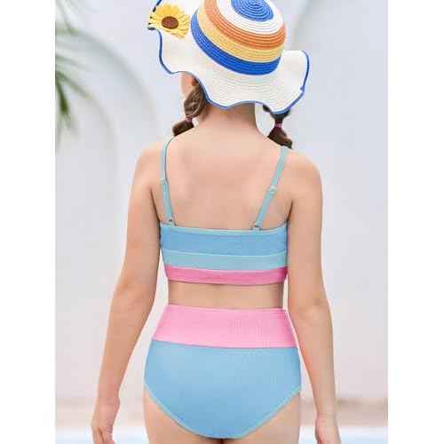 Haloumoning Girls Swimsuits Bikini Set Adjustable Straps Two Piece Color Block Girls' Swimwear with Chest Pad 5-14 Years