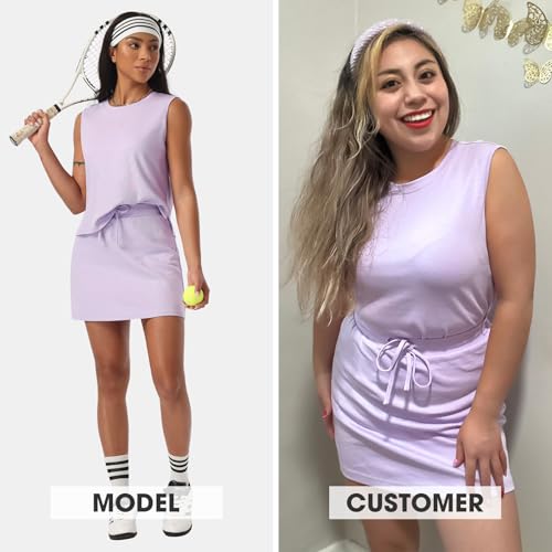 Women Cotton Skirt Set with Sleeveless Top and Tennis Skort - Light Purple Small