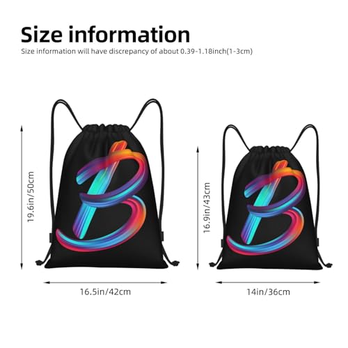 Black Drawstring Backpack with Rainbow Initial - M 19.6x16.5 Inch Sports Gym Travel Sackpack
