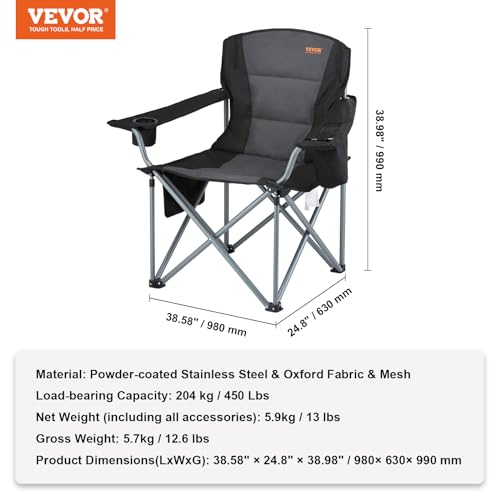 VEVOR Oversized Camping Folding Chair 1 Pack Heavy Duty Portable Outdoor Seat with Lumbar Support and Cooler Bag