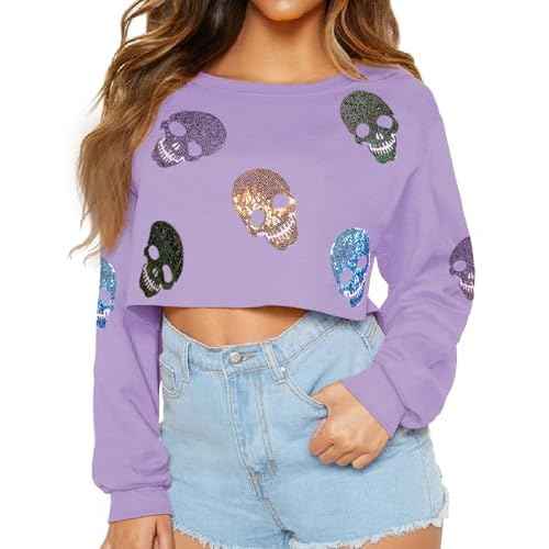 For G and PL Women Halloween Graphic Sequin Cropped Sweatshirt Long Sleeve Cute Funny Pullover Top XS-L
