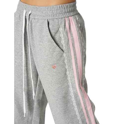 Aelfric Eden Lace Stripe Patchwork Sweatpants Casual Baggy Pant for Women Wide Leg Elastic Drawstring Trousers