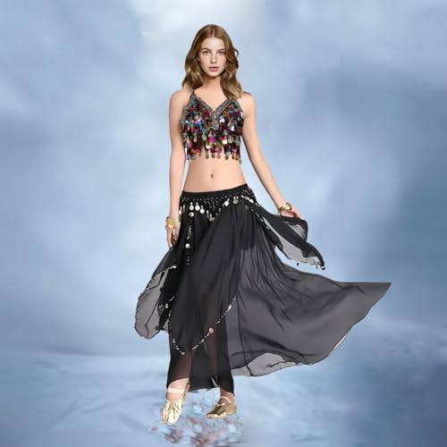 Women's Chiffon Belly Dance Skirt with Coins - Blue Variation