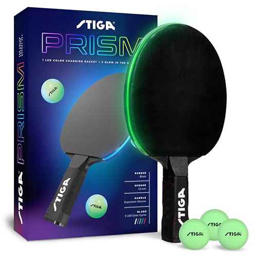 STIGA Prism LED Ping Pong Paddle - 5 LED Color Cycles - Color Gradient Mode - Includes 3 Glow-in-The-Dark Balls - 1.5mm Sponge with Smooth Rubber - Silicone Grip for Max Control
