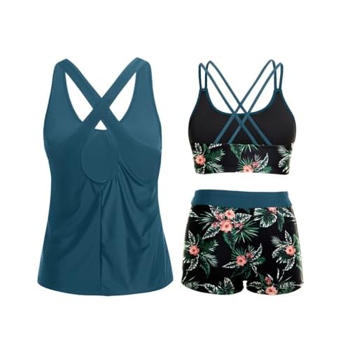 Holipick 3 Piece Tankini Swimsuits for Women Tummy Control Bathing Suits Swim Tank Top with Bra Boy Shorts Teen Swimwear