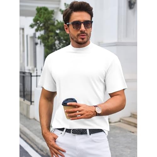 Mens Mock Turtleneck T Shirts Short Sleeve Cotton Basic Undershirt Relaxed Fit Lightweight Solid Pullover Tops