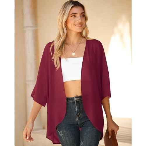 LILBETTER Women Lightweight Chiffon Cardigan Puff Sleeve Loose Beach Wear Cover Up Blouse Top