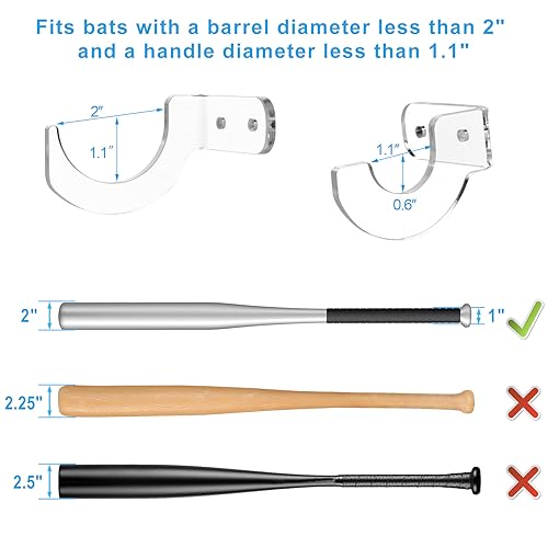 Cosmos Acrylic Baseball Bat Wall Mount Holder Set - Clear, Fits Up to 2" Barrel