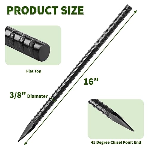 Heavy Duty Ground Rebar Stakes 16 inches, 16 pcs Steel Spikes for Garden, Tent & Construction