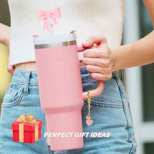 Pink Bow for Stanley Straw Topper- 3pcs Cute Cup Bow Straw Cover Silicone Cap 10mm with 2pcs Initial Letter Charms Name Id Personalized Accessories 40/30 Oz Tumbler Water Bottle Cups J
