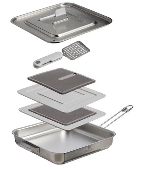 Stanley Wildfare Pro 5-Piece Stainless Steel Square Pan Cook Set | 10 in Fry Pan with Fold & Lock Handle | Cutting Board and Spatula | Camping Essentials for Your Camp Kitchen | BPA-Free