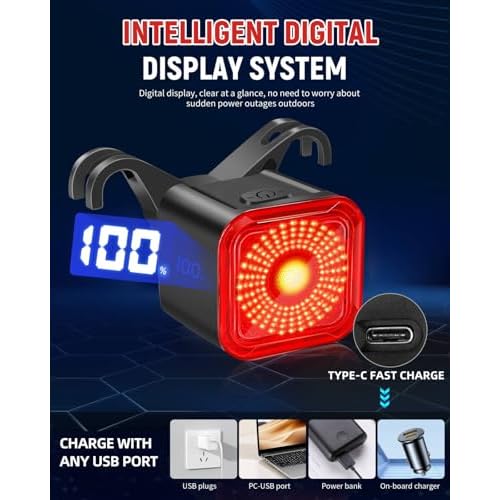 DARKBEAM Bike Tail Light with LED Display Screen, USB-C Rechargeable 6 Light Modes, IP55 Waterproof Bicycle Taillight for Night Riding, Super Bright Rear Bike Light for Road Mountain, 2 Pack