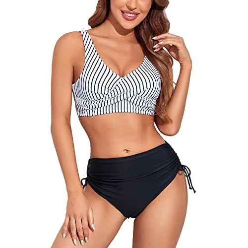 Fanuerg Women's Twist Front High Waisted Bikini Swimsuit Drawstring Tie Side Bottom Two Piece Bathing Suit