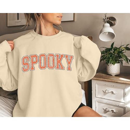Halloween Spooky Sweatshirts Women Classic Spooky Letter Print Long Sleeve Shirt Halloween Crewneck Pullover Blouse