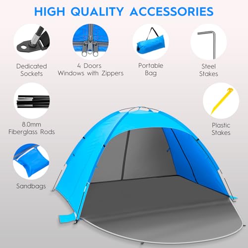 Beach Tent Sun Shelter for 3?4 People, UPF 50+ Beach Tent with Breathable 4-Door Design, 8.0mm Fiberglass Poles, Portable Sun Shade Canopy for Camping & Outdoor ? Blue