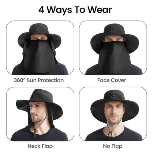 Black UPF 50+ Waterproof Sun Hat with Removable Face Cover & Neck Flap - Men Women Bucket Hat