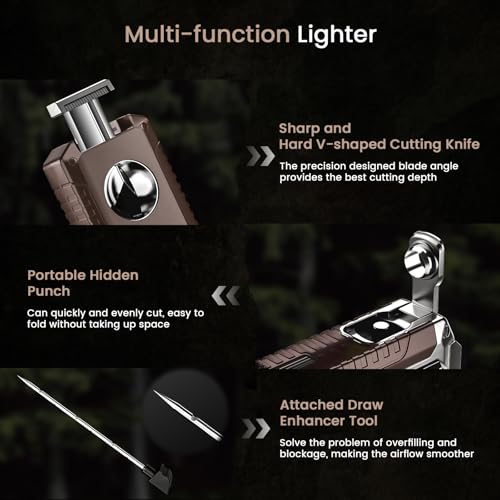 Brown 5-in-1 Torch Lighter with Triple Jet Flame & Tools - Windproof Refillable for Travel & Candle
