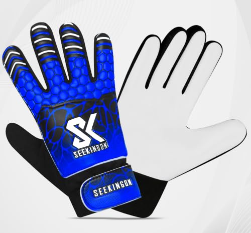 Youth Soccer Goalkeeper Gloves with Double Wrist Protection & 4mm Super Grip Palm - Blue/White, Size 4