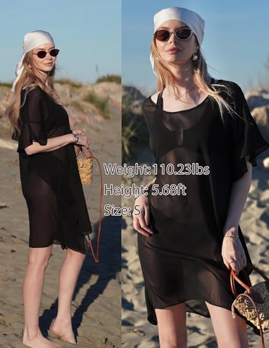 Black Women's Swimsuit Coverup Chiffon Floral Bathing Suit Cover Up Ruffled Summer Beachwear S-3XL XL