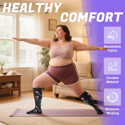 Plus Size Compression Socks XX-Large White Flower Knee High 20-30 mmHg Circulation Socks for Men Women