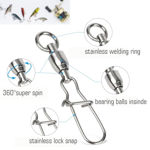 Size 1+1 (40lb) 50 pcs Stainless Steel Duo Lock Fishing Snap Swivels Saltwater & Freshwater Tackle