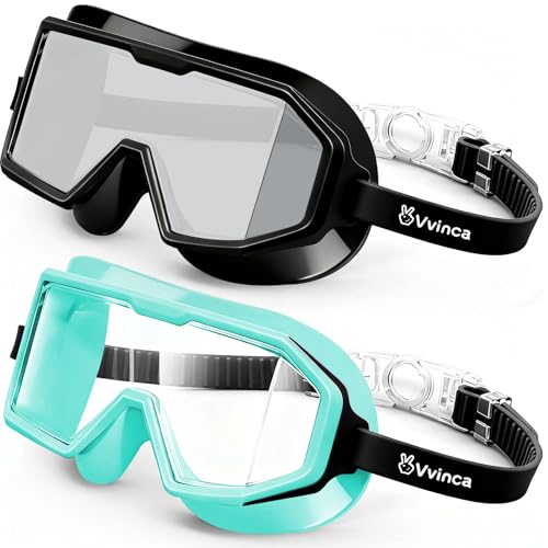 Kids Swim Goggles - Anti-Fog UV Wide View, Fabric Strap, Black & Green