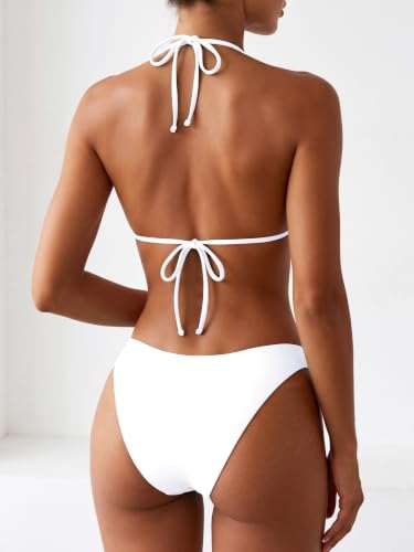 Women's Triangle Bikini Set Medium White with Metal Ring String Halter Two-Piece Swimsuit