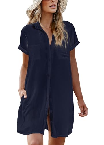 Women’s Bathing Suit Cover Up Summer Shirt Dress Navy Blue Medium
