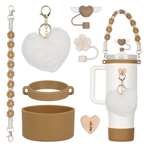 7Pcs Khaki Stanley Cup Accessories Set with Handle Strap, Love Heart/Flower Straw Topper Straw Cover Cap, Silicone Boot, Love Heart Charms for Water Bottle Tumbler 20oz 30oz 40oz