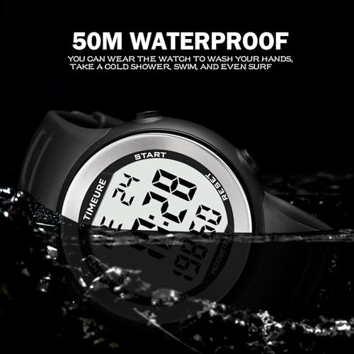 Men's Pedometer Watch for Walking Step Counter No Charging No App Black TIMEURE-2308