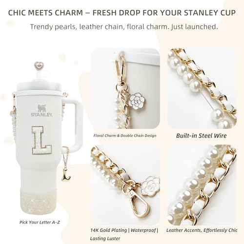 Stanley Cup Accessories Set for 30oz 40oz Tumbler, with Handle Strap, Anti-Spill Plug, Boot, Straw Cover, Cute Letter Charms, No-Residue Initial Sticker, Fits Pink Purple White Stanley Cups