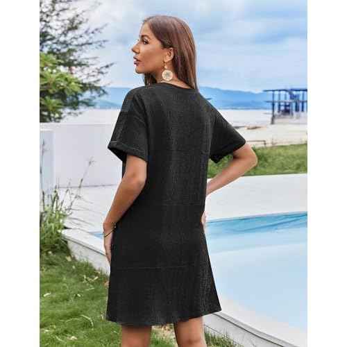 AI'MAGE Women's Cover Up Short Sleeve Bathing Suit Cover Ups V Neck Beach Coverup Dress with Pockets