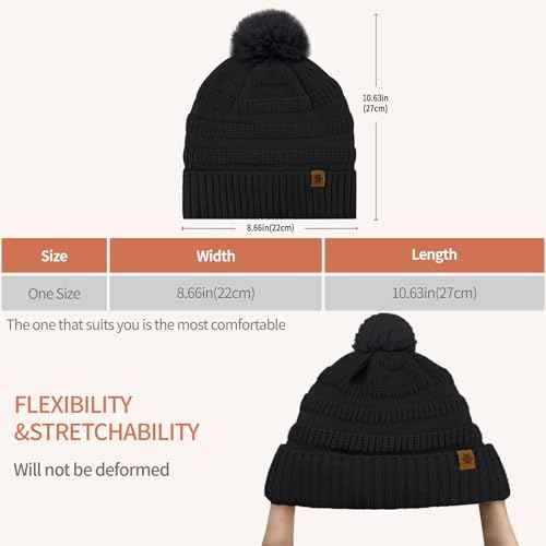 Winter Beanie Hats for Women with Faux Fur Pom Warm Cozy Knit Fleece Thermal Snow Ski Skull Cap for Cold Weather