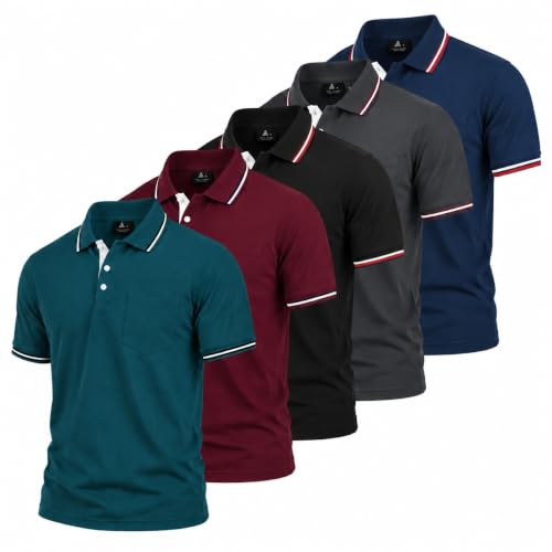 Men's Short Sleeve Polo Shirts Pack - Athletic Golf Polos with Pocket, Large Black Blue Red Gray Navy