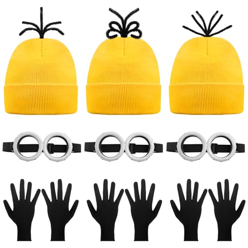 9PCS Costume Accessories Set Yellow Beanie Knit Hat Vintage Goggles Glasses Black Gloves for Cosplay, Halloween Costumes 2025