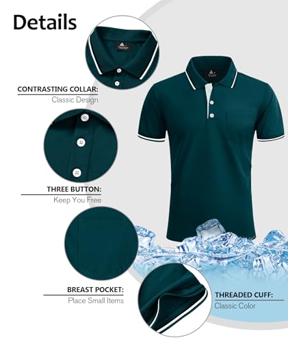 Men's Short Sleeve Polo Shirts Pack - Athletic Golf Polos with Pocket, Large Black Blue Red Gray Navy