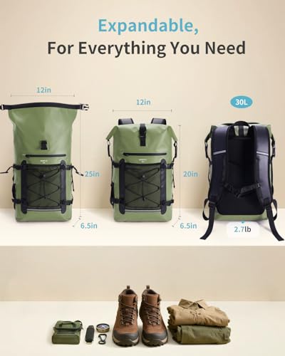 Ecohub Waterproof Backpack 30L Green Roll-Top Heavy Duty Dry Bag