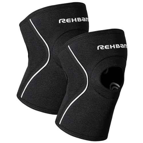 Rehband Open Patella Knee Brace 5mm Neoprene, Supportive Knee Sleeve with Patella Support, Knee Protection for Strength Training, Jogging & Fitness, Colour:Black - 1 Pair, Size:X-Small
