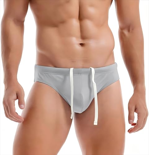 Men's Quick Dry Swim Briefs with Drawstring - Large Gray
